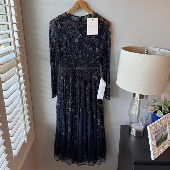MAC DUGGAL Navy Beaded Illusion High Neck Long Sleeve A Line Dress NEW! S #10799 - Picture 4 of 13